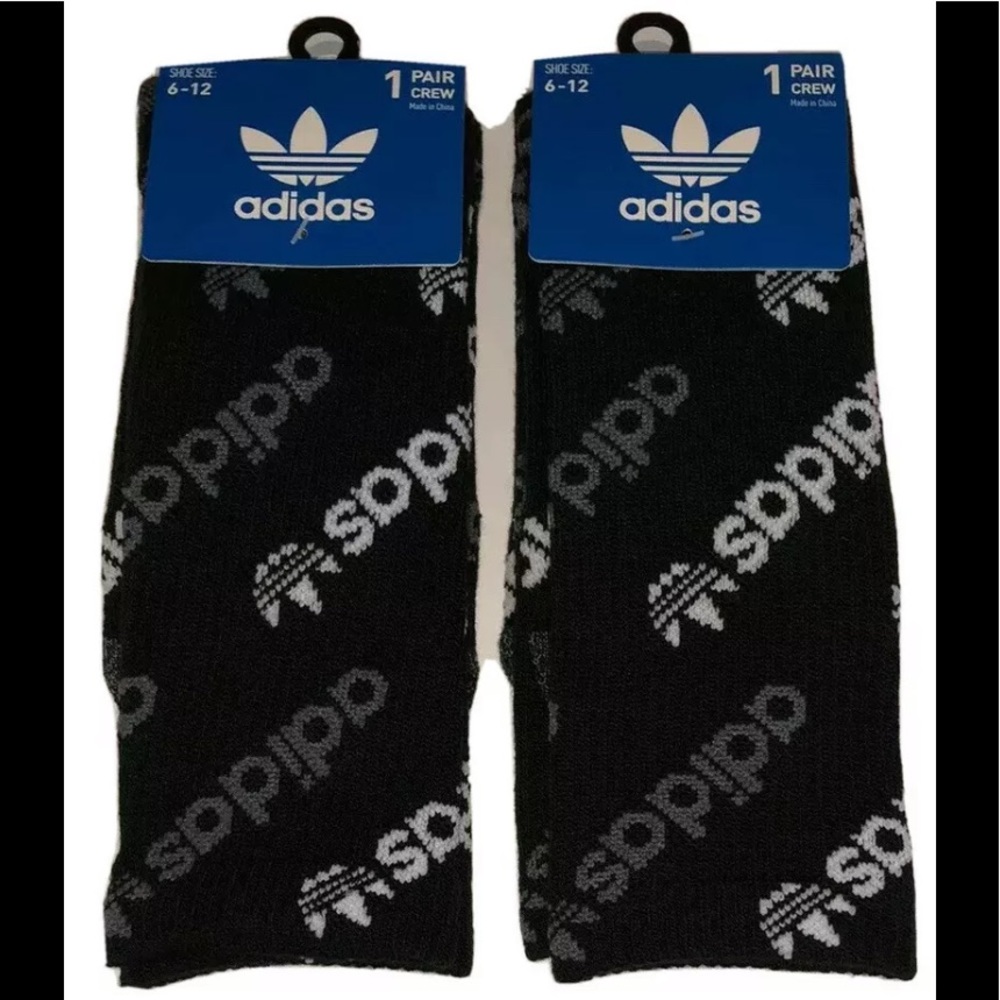 Adidas Crew Socks 2 Pair Men 6-12 Black Gray White Trefoil Logo Moisture Wicking